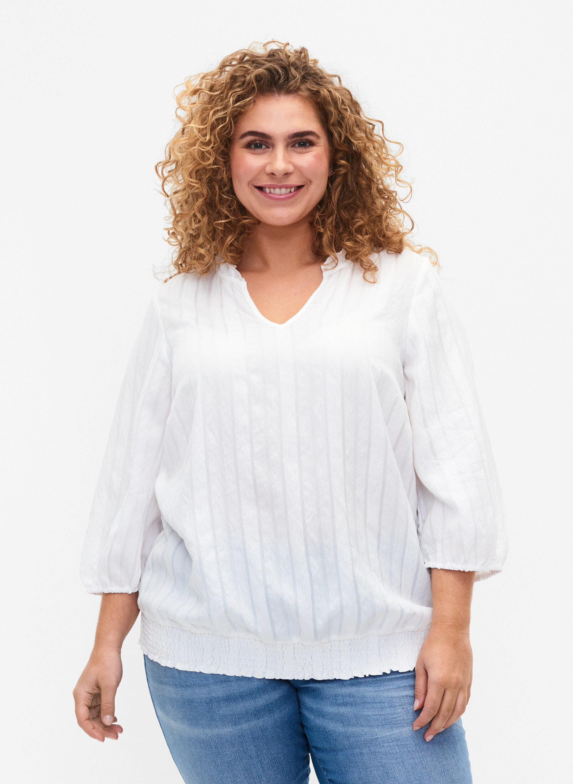 Zizzi3/4 mouw viscose blouse met smock, Bright White, Model image number 0