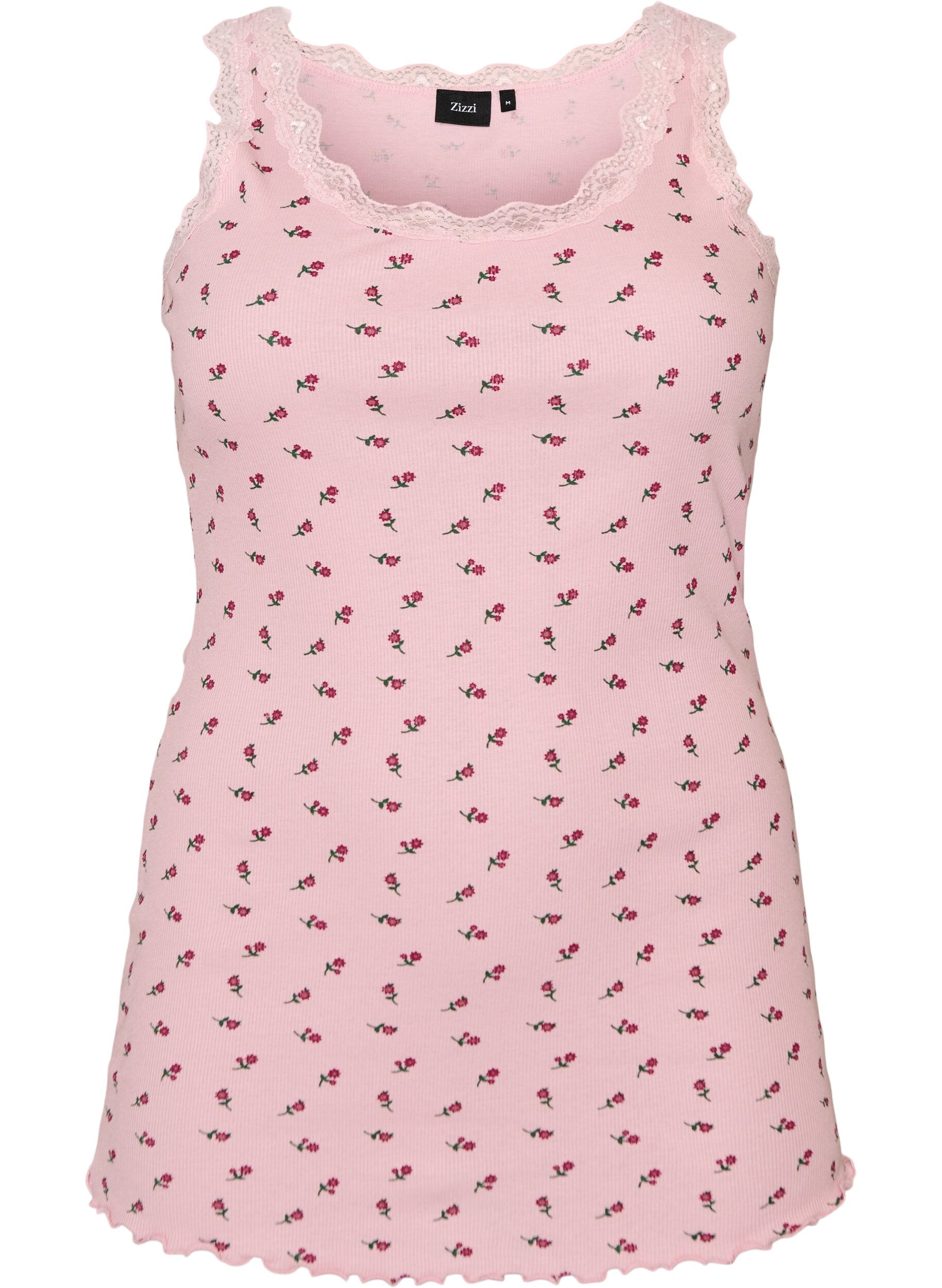 ZizziTop avec imprim&eacute; et bord en dentelle, Rose poudr&eacute;e, Packshot image number 0