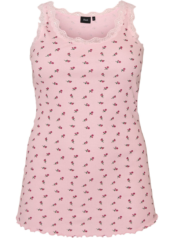 Top avec imprim&eacute; et bord en dentelle, Rose poudr&eacute;e, Packshot image number 0