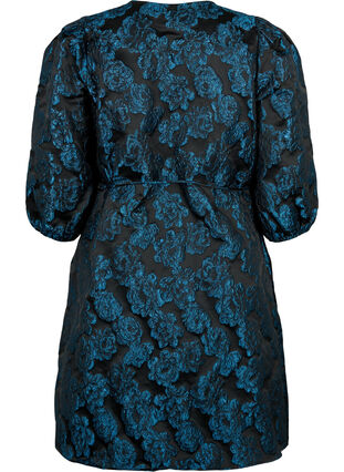 Robe portefeuille en jacquard avec manches 3/4, Black Blue, Packshot image number 1