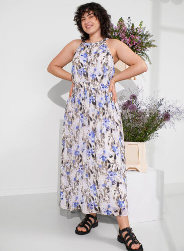 Bloemen maxi jurk met plooien, Blue Flower AOP, Image image number 0