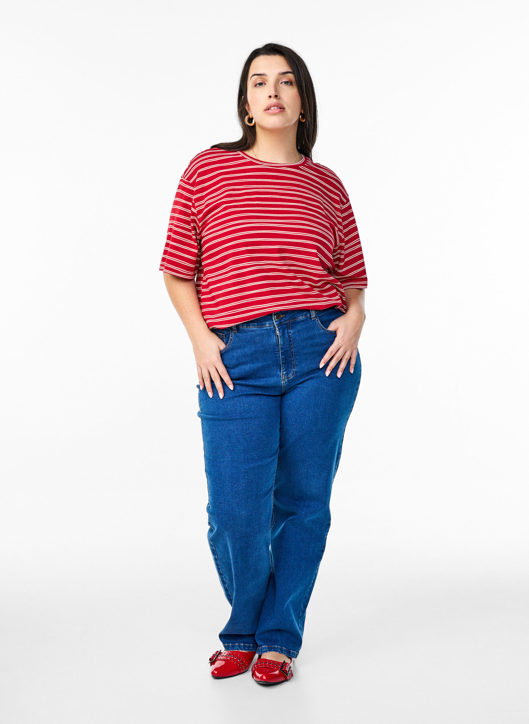 ZizziGestreepte T-shirt, Rood, Model image number 1