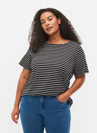 Lot de 2 T-shirt basiques en coton, Black/Black Stripe, Model image number 0