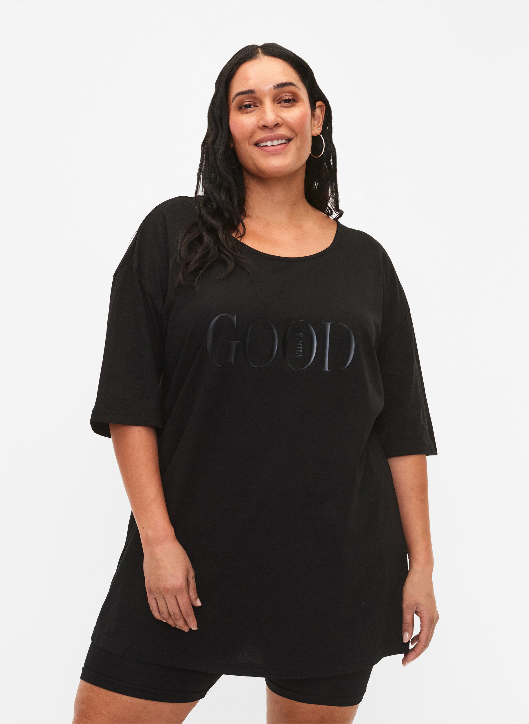 ZizziOversized katoenen t-shirt met print, Black GOOD, Model image number 0