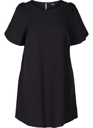 Viscose jurk met korte mouwen en a-lijn, Black, Packshot image number 0