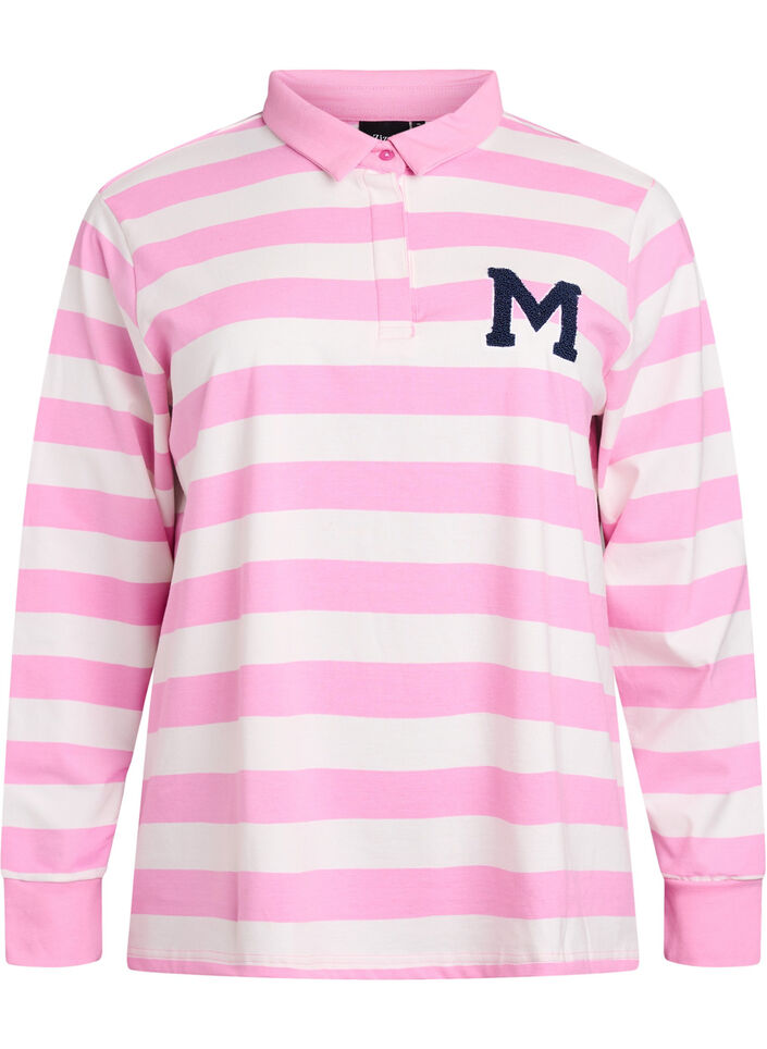 Gestreept poloshirt met badstof details, Bubblegum w. White, Packshot image number 0