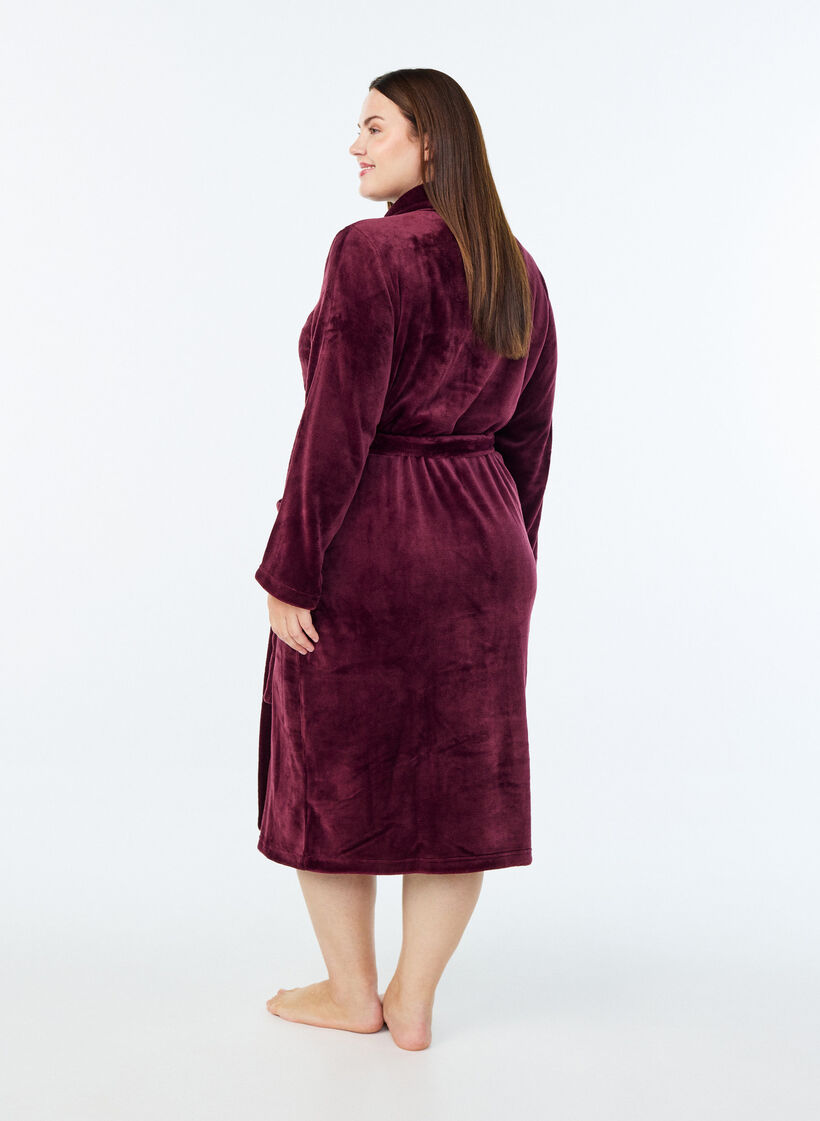 Peignoir en velours doux avec poches, Bordeaux fonc&eacute;, Model image number 1