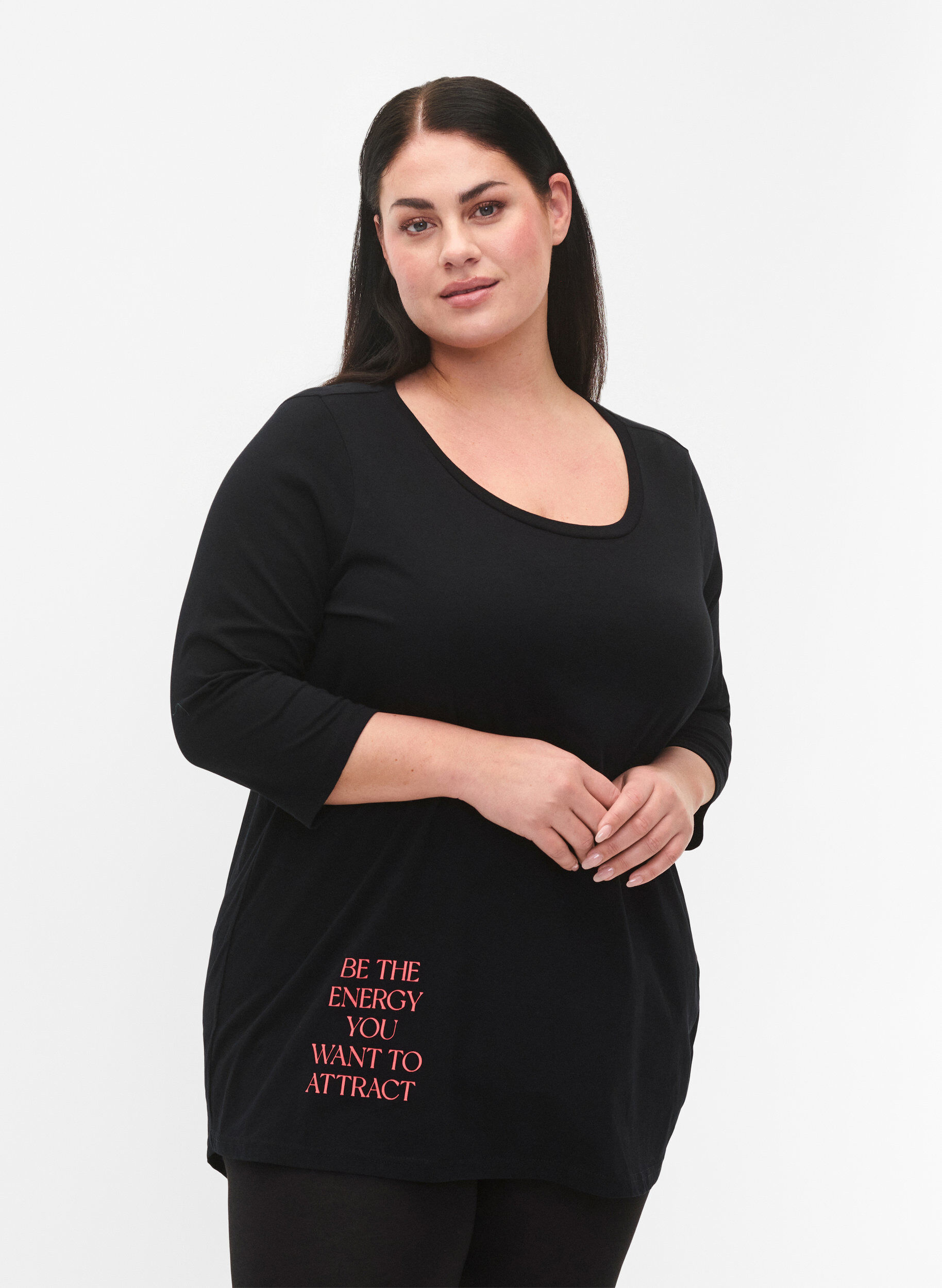 ZizziKatoenen t-shirt met 3/4 mouwen, Black, Model image number 0