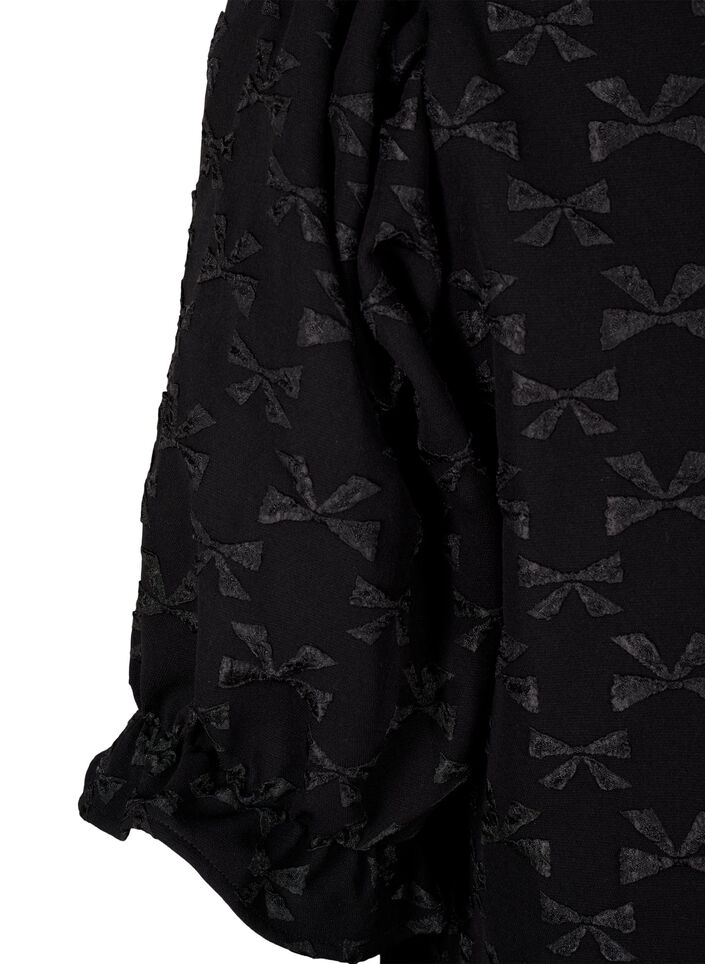 Jacquard blouse met korte mouwen en strikjes, Black W. Bow, Packshot image number 3