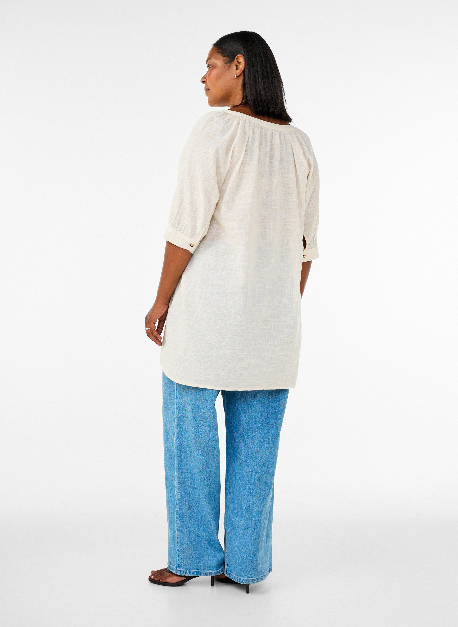 ZizziKatoenen tuniek met V-hals, Vanille, Model image number 2