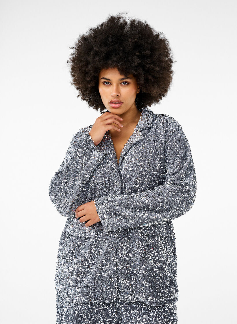 Pailletten blazer met zakken, Silver, Model image number 0