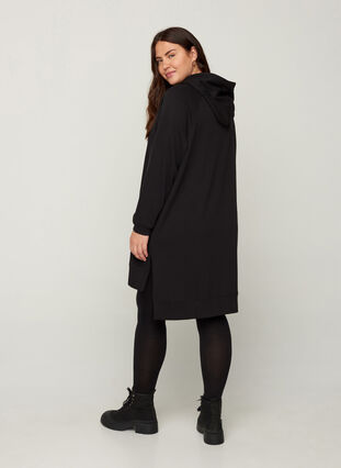 Robe pull à manches longues avec capuche et poche, Black, Model image number 1