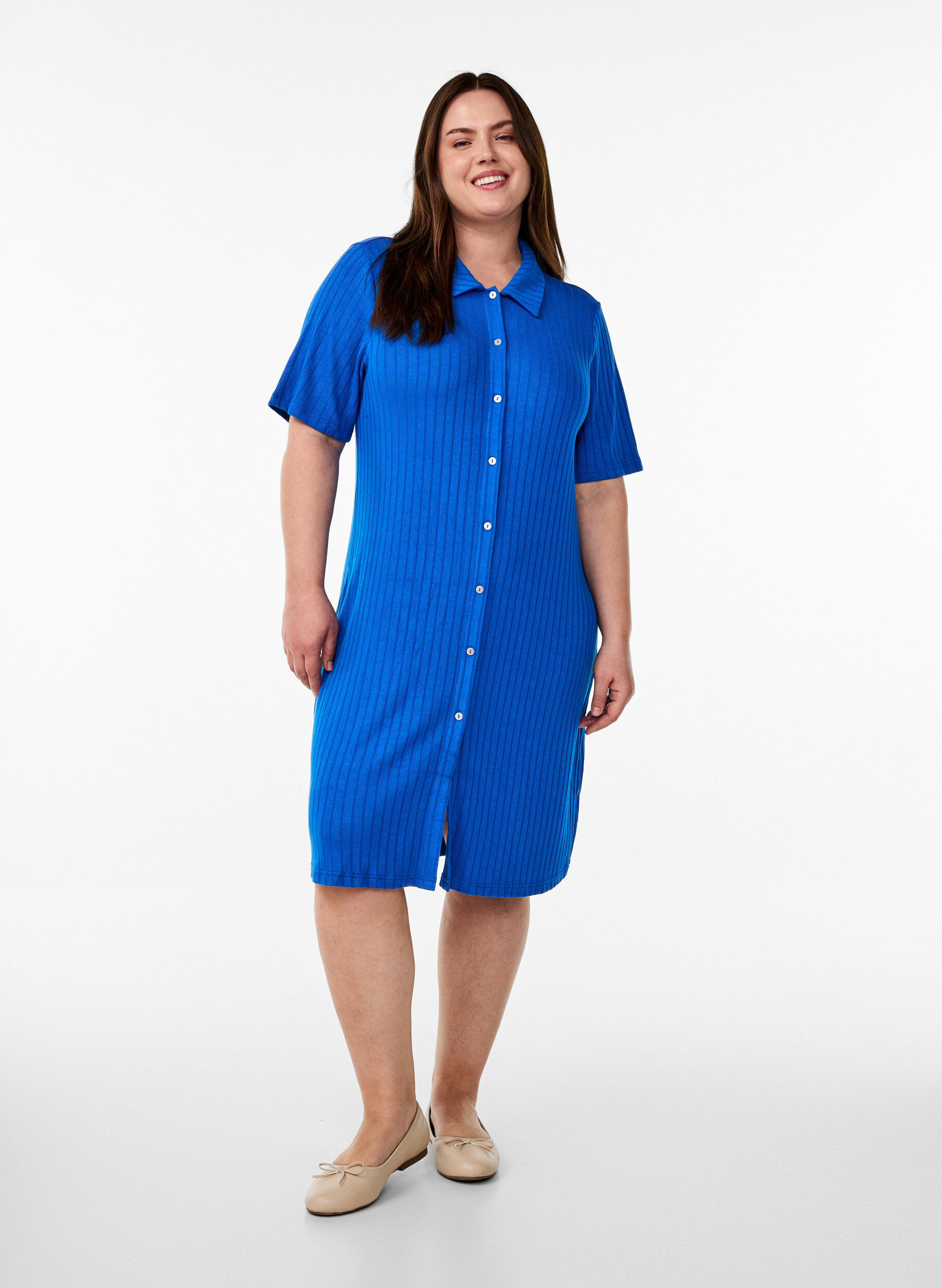 ZizziJersey overhemdjurk met kniehoogte en korte mouwen, Blauw, Model image number 1