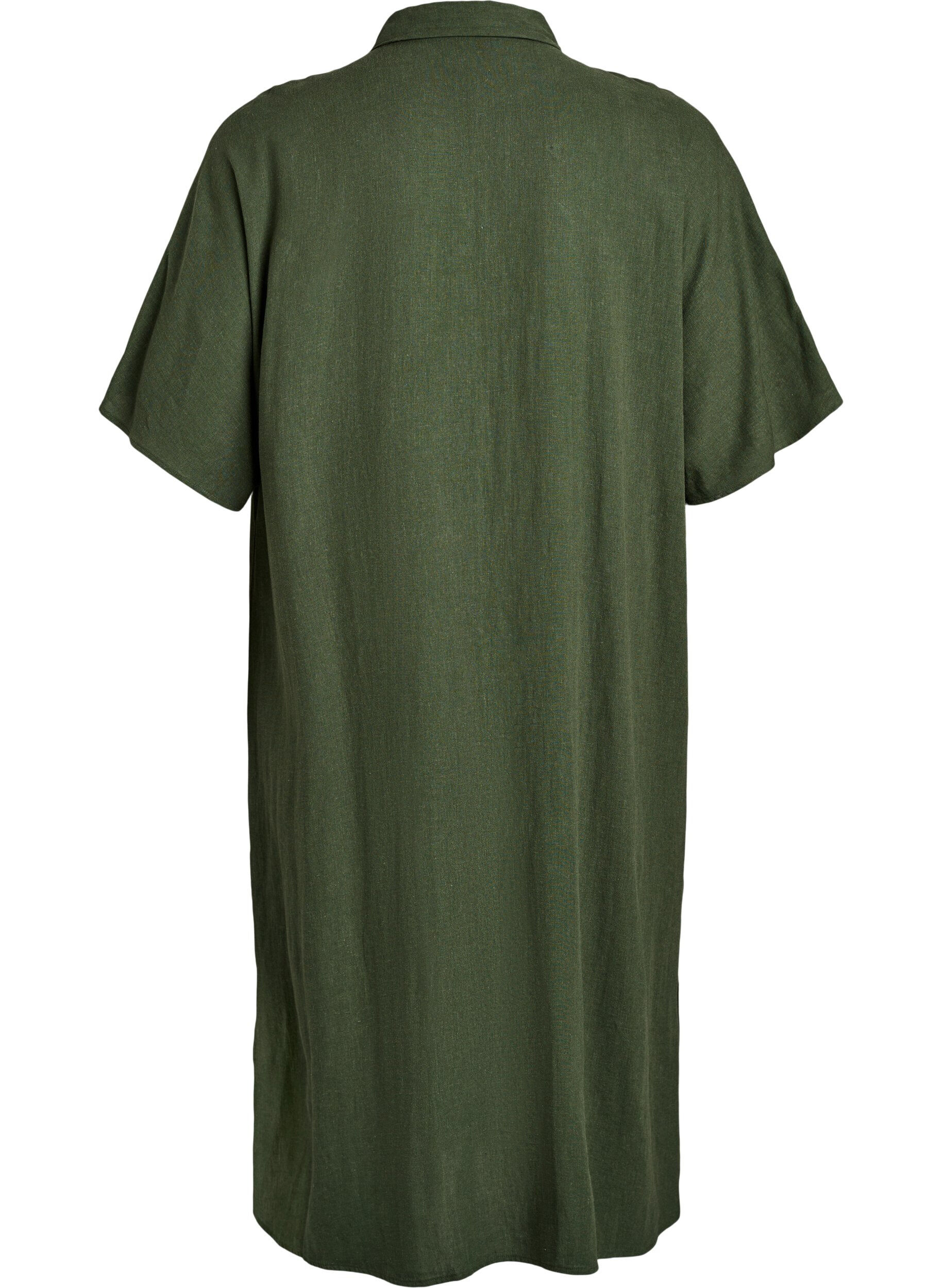 Zizzi Robe chemise en lin et viscose &agrave; manches courtes, Vert, Packshot image number 1