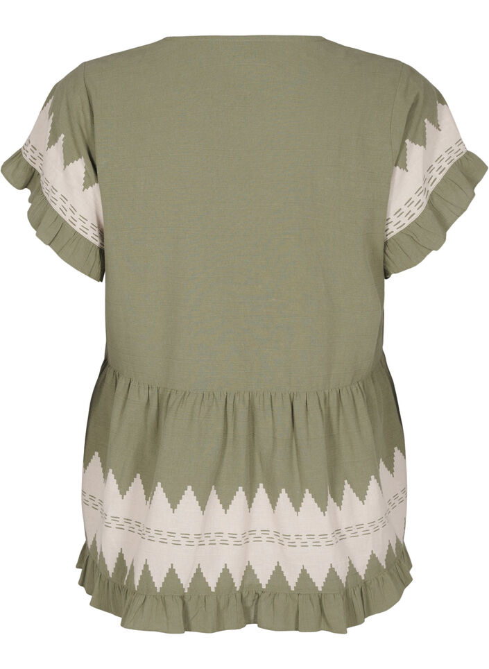 Blouse met korte mouwen, ruches en grafisch patroon, Groen, Packshot image number 1