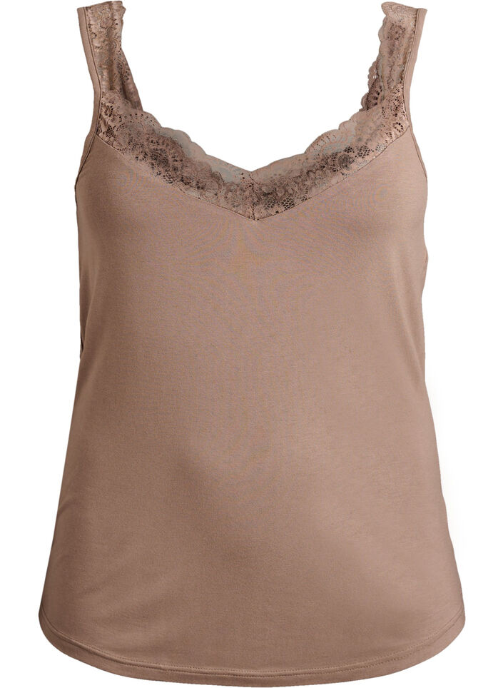 Top en viscose avec bord en dentelle, Beige, Packshot image number 0