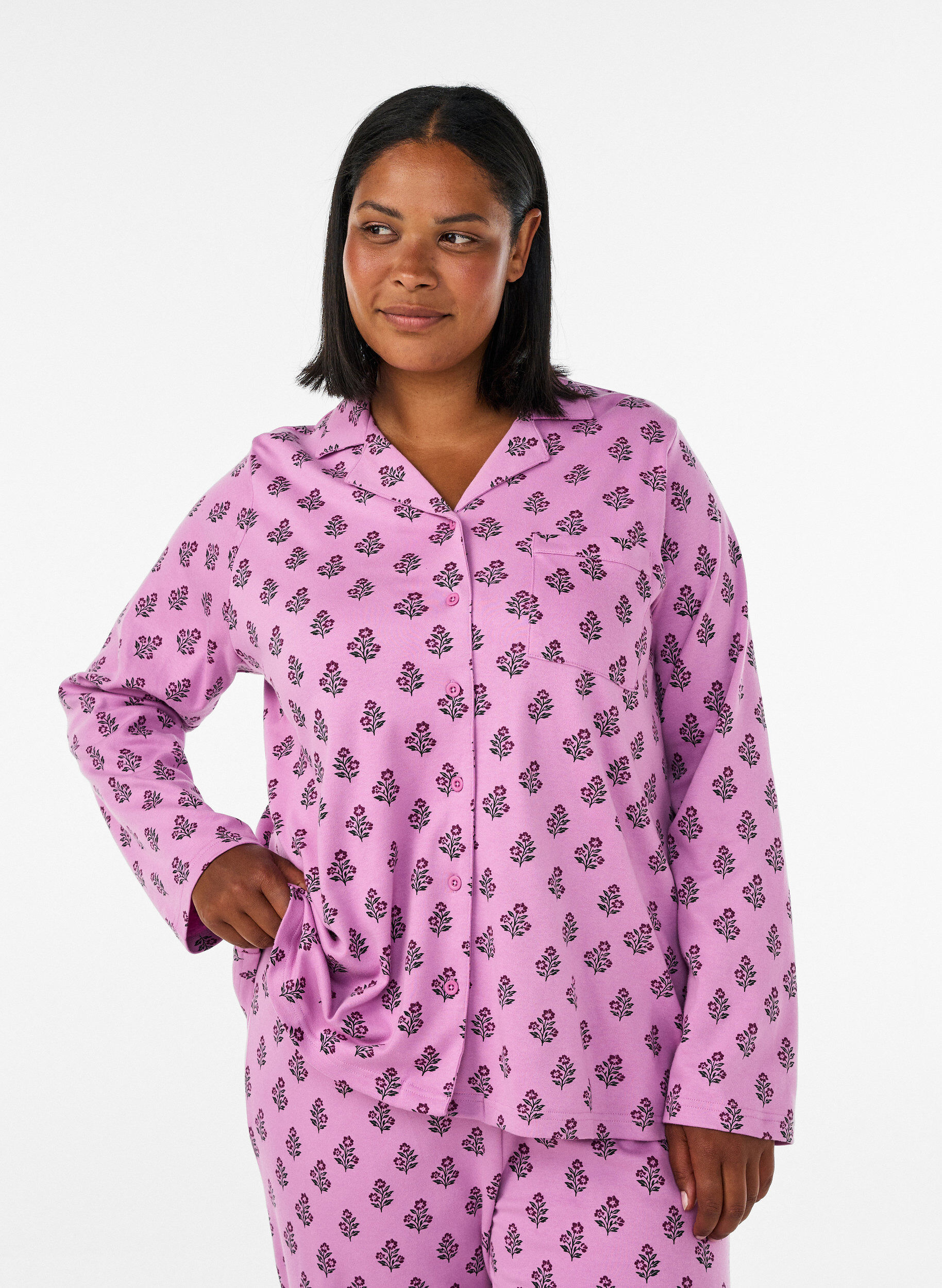 Chemise de pyjama en coton avec poche poitrine, Rose, Model