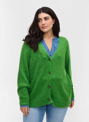 Cardigan en tricot avec boutons et col en V, Online Lime, Model image number 0