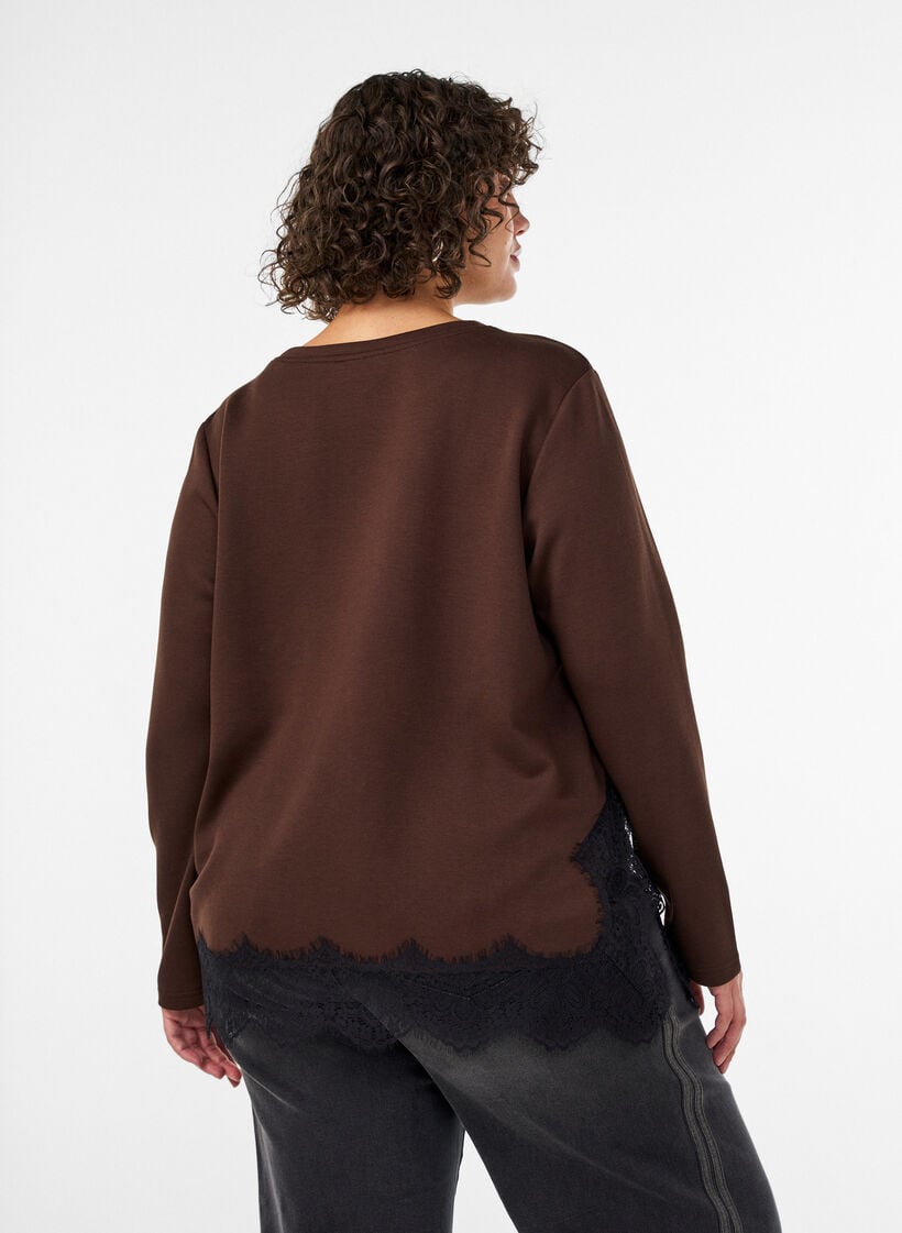 Jersey blouse met kanten rand, Bruin, Model image number 2