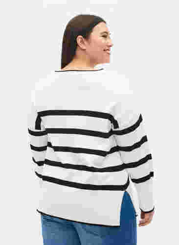 Pull en tricot rayé avec fente, Cloud Dancer w Black, Model image number 1