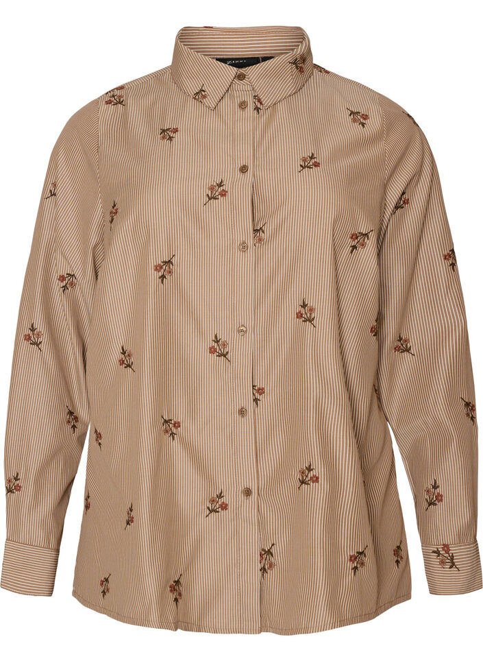 Chemise &agrave; rayures avec fleurs brod&eacute;es, Marron, Packshot image number 0