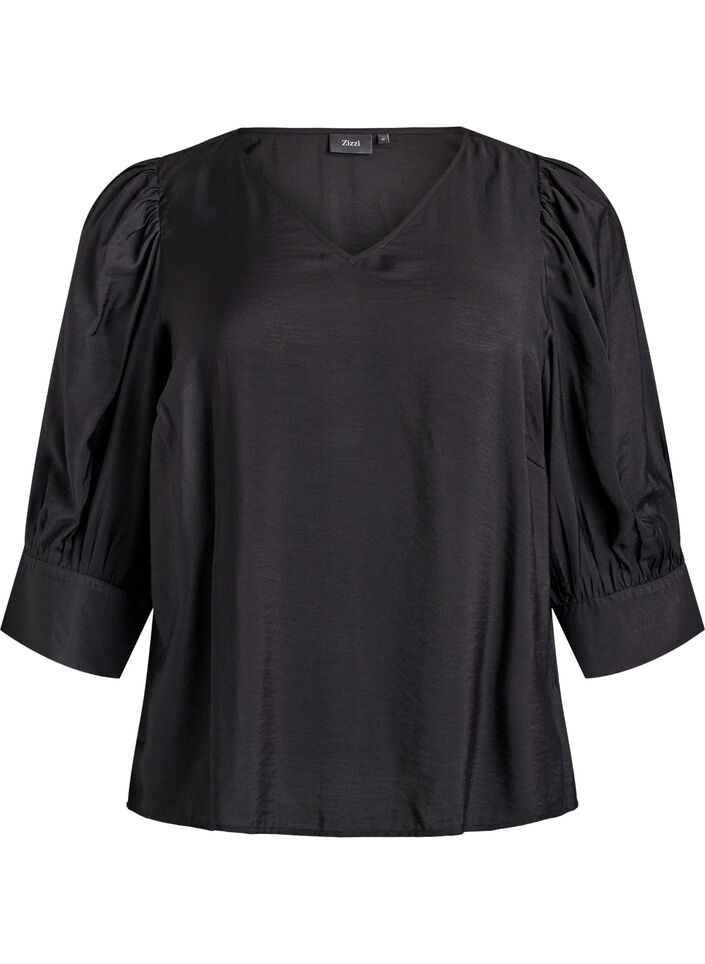 Blouse avec col en V et manches 3/4, Noir, Packshot image number 0