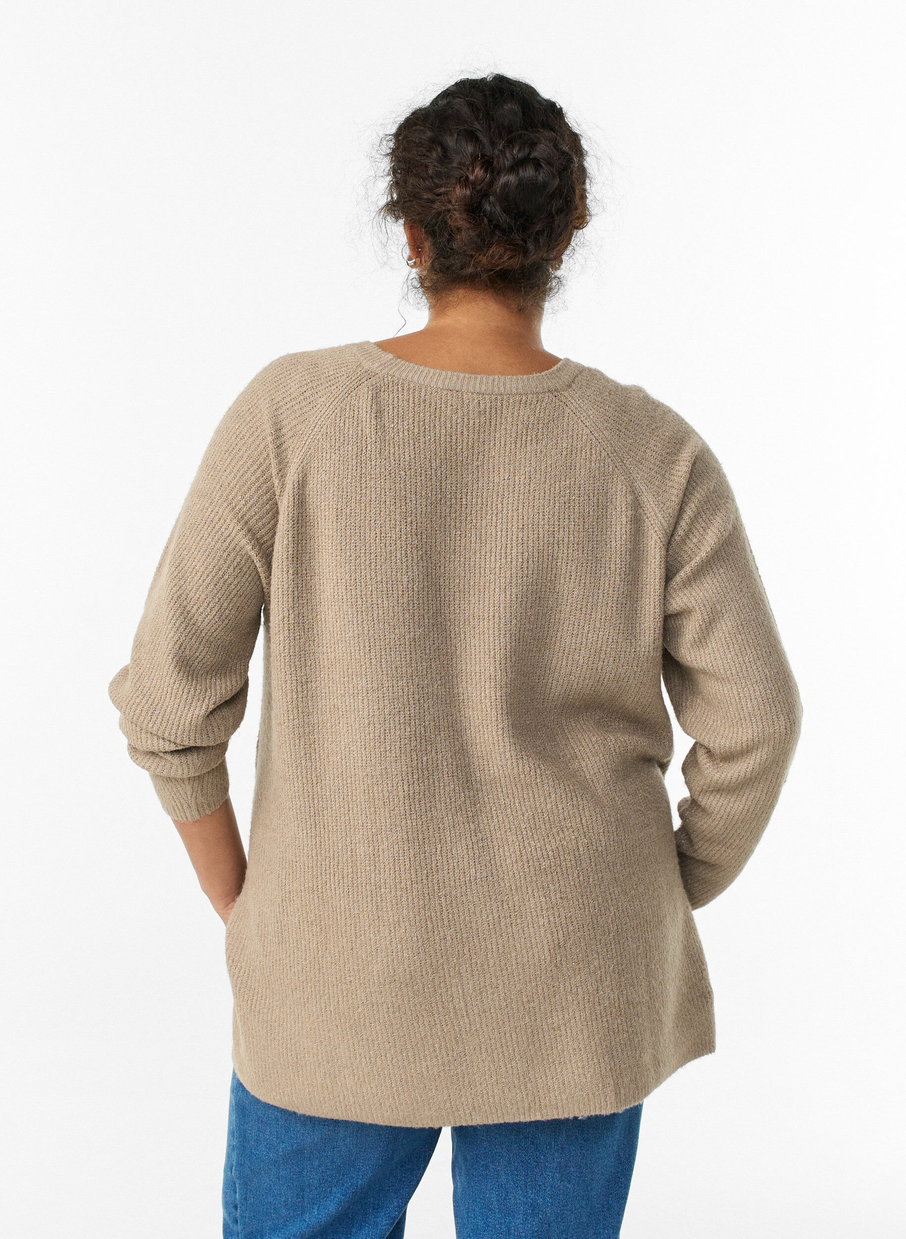 ZizziPull en maille &agrave; motif diagonal et manches raglan, Beige, Model image number 2