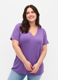 T-shirt en viscose côtelé avec col en V, Deep Lavender, Model