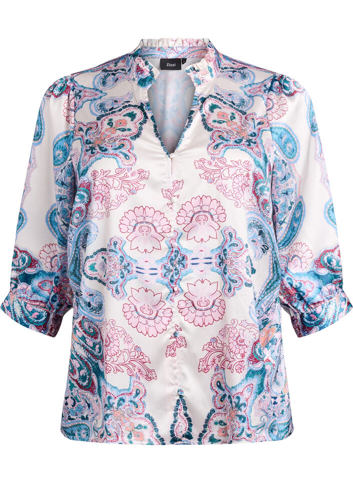 Blouse satin&eacute;e &agrave; imprim&eacute; cachemire et manches 3/4, Bleu, Packshot image number 0