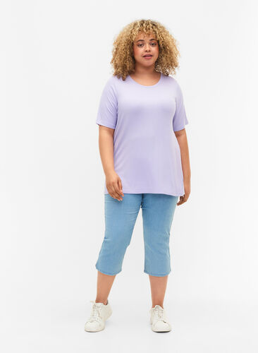 T-shirt van viscose met ribstructuur, Lavender, Model image number 1