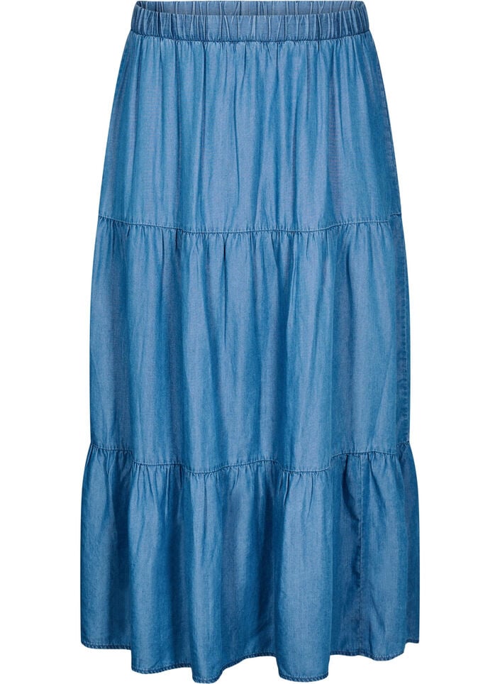 Denim maxi rok met ruches, Blauw, Packshot image number 0