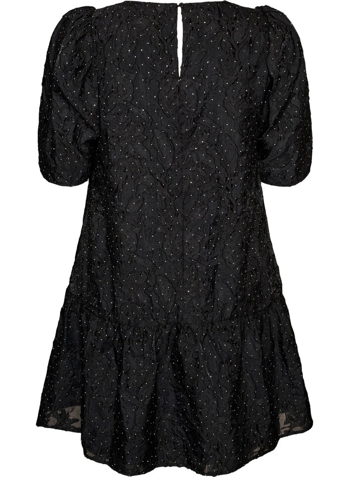 Robe jacquard avec des d&eacute;tails scintillants et des manches bouffantes, Noir, Packshot image number 1