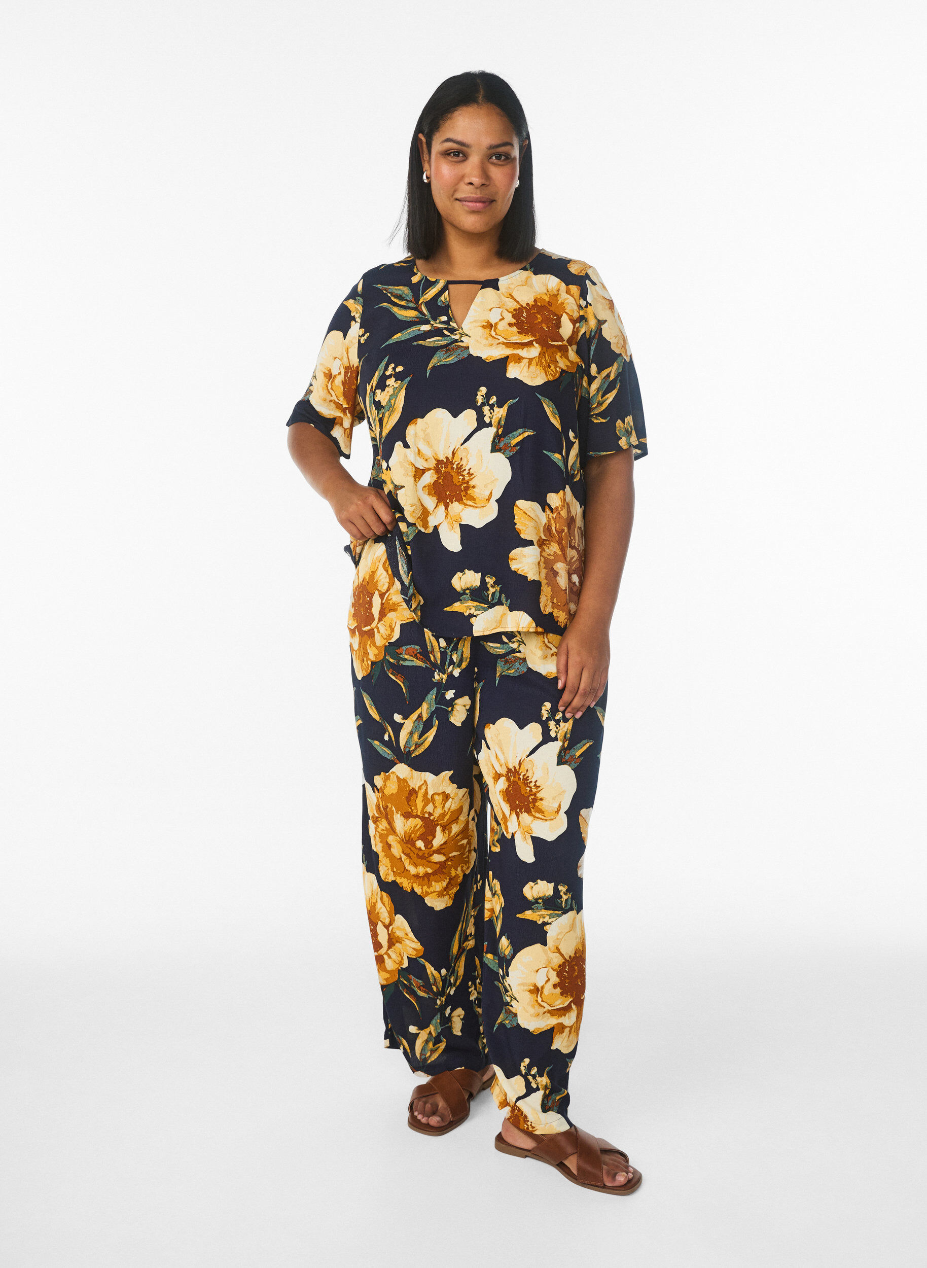 ZizziLosse viscose broek met print, Blauw, Model image number 0