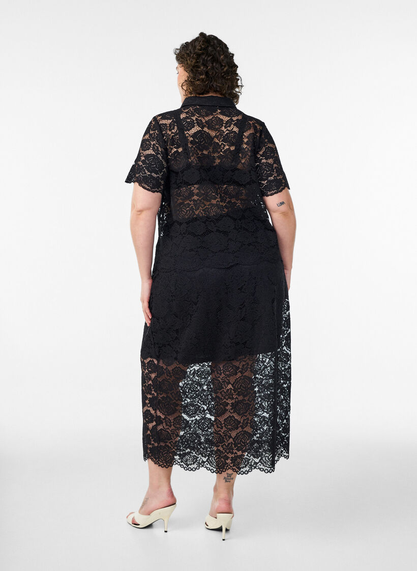 Jupe midi en dentelle avec taille &eacute;lastique, Noir, Model image number 1