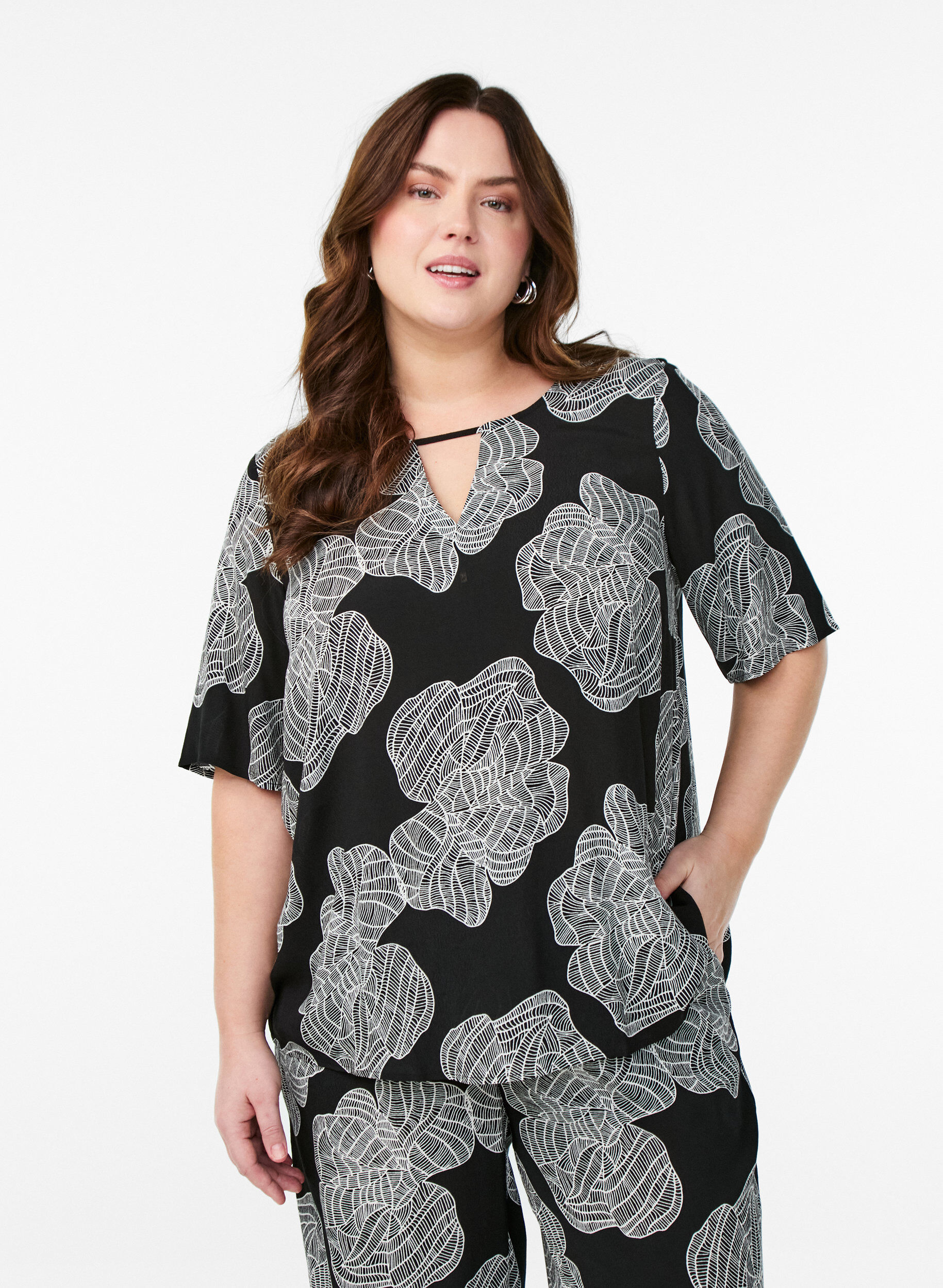 ZizziKorte mouw visrose Blouse met print, Zwart, Model image number 0