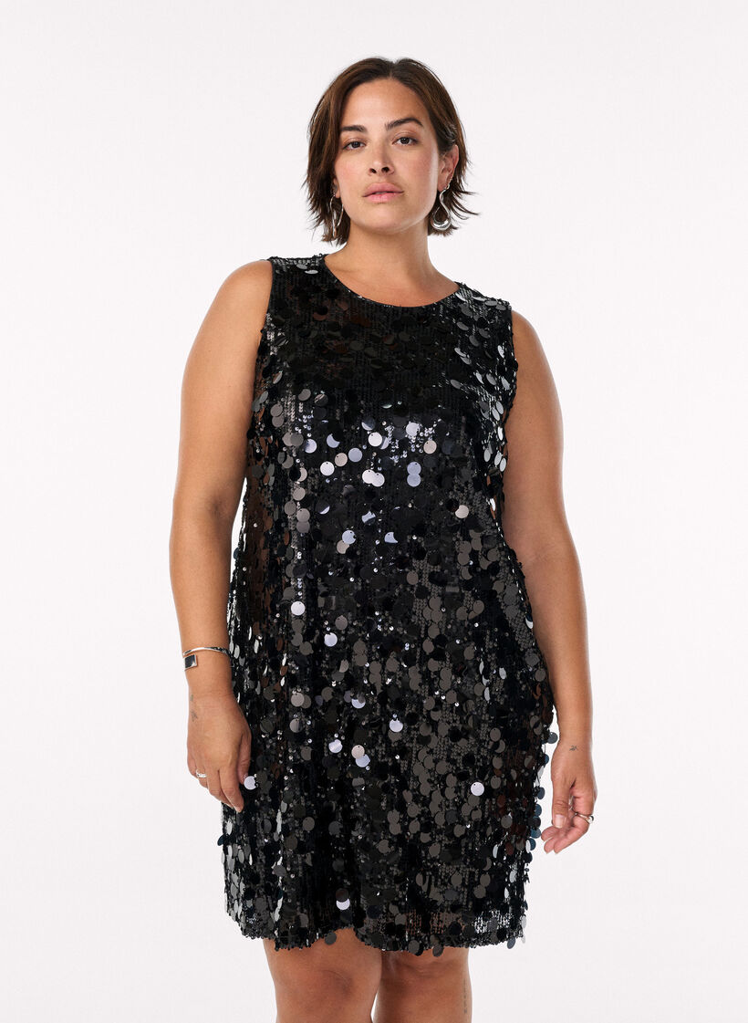 Robe courte à sequins, Noir, Model image number 0