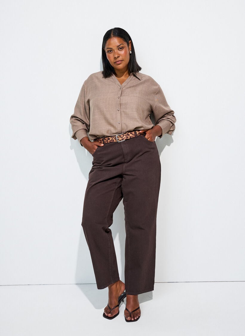 Chemise ample avec col en V, Marron, Model image number 1