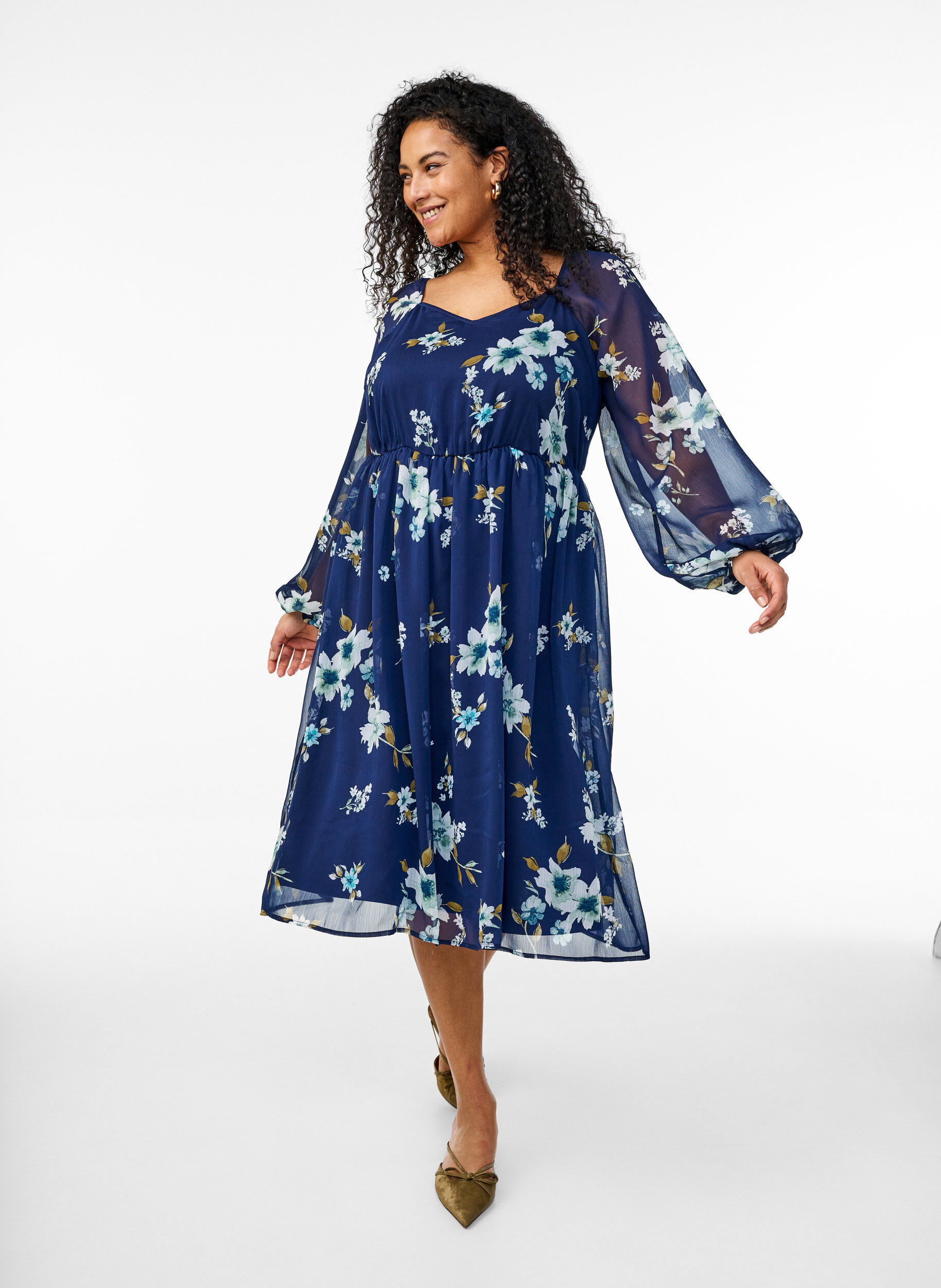ZizziChiffon feestjurk met lange mouwen, Blauw, Model image number 1