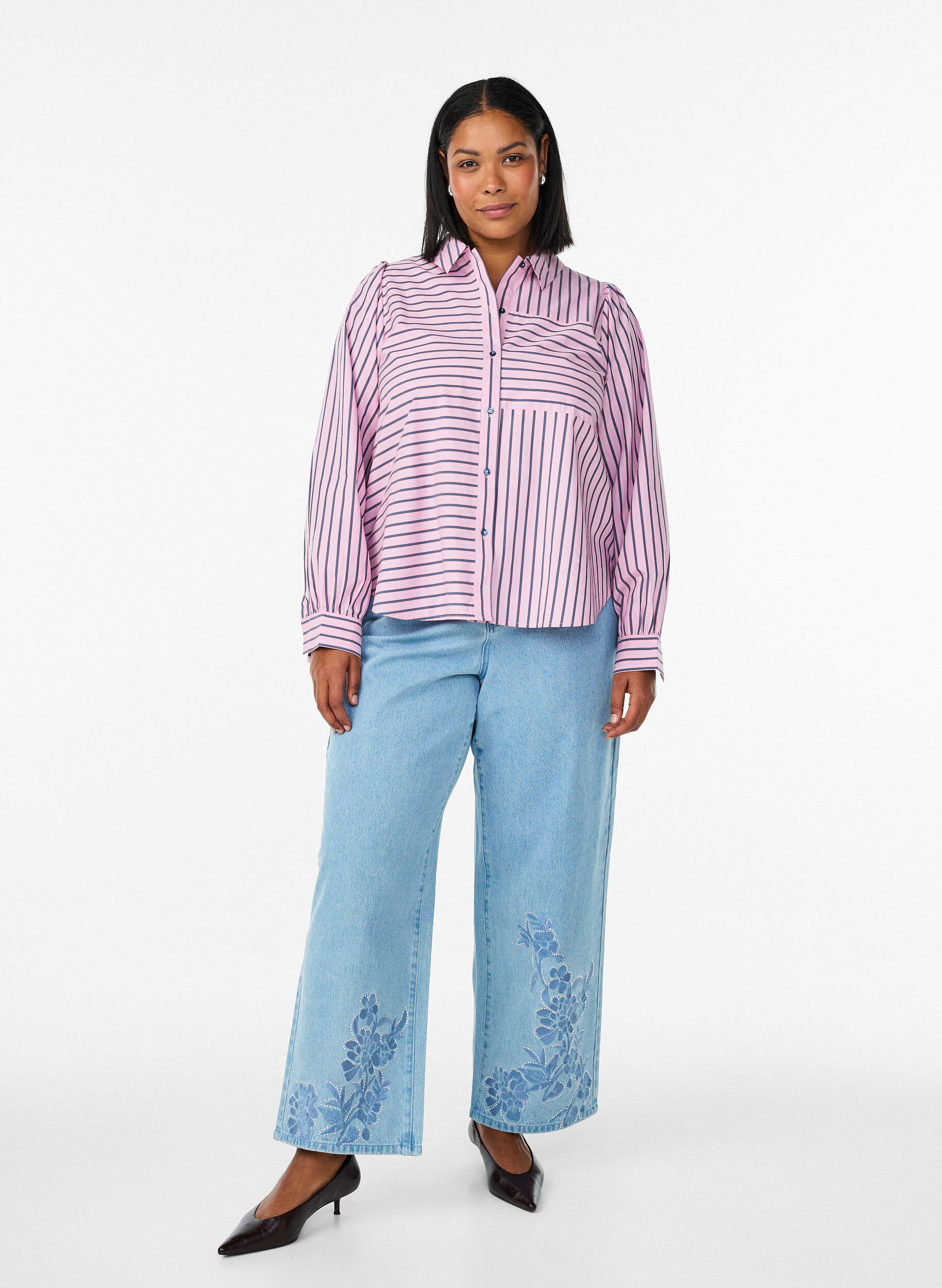 ZizziGestreept shirt met een klassieke kraag en lange mouwen, Roze, Model image number 1