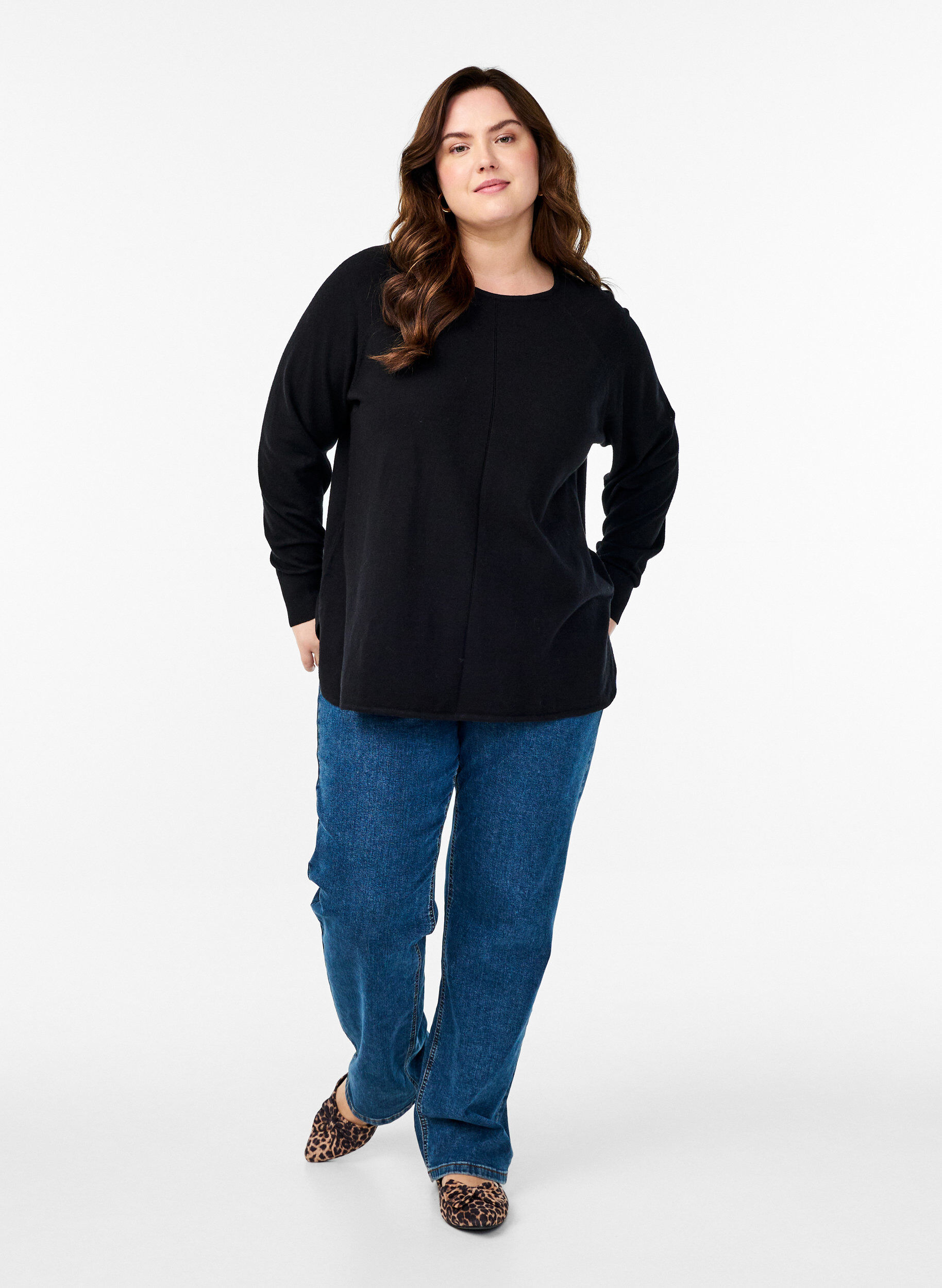 ZizziGebreide blouse met ronde hals en gebreid patroon, Zwart, Model image number 1