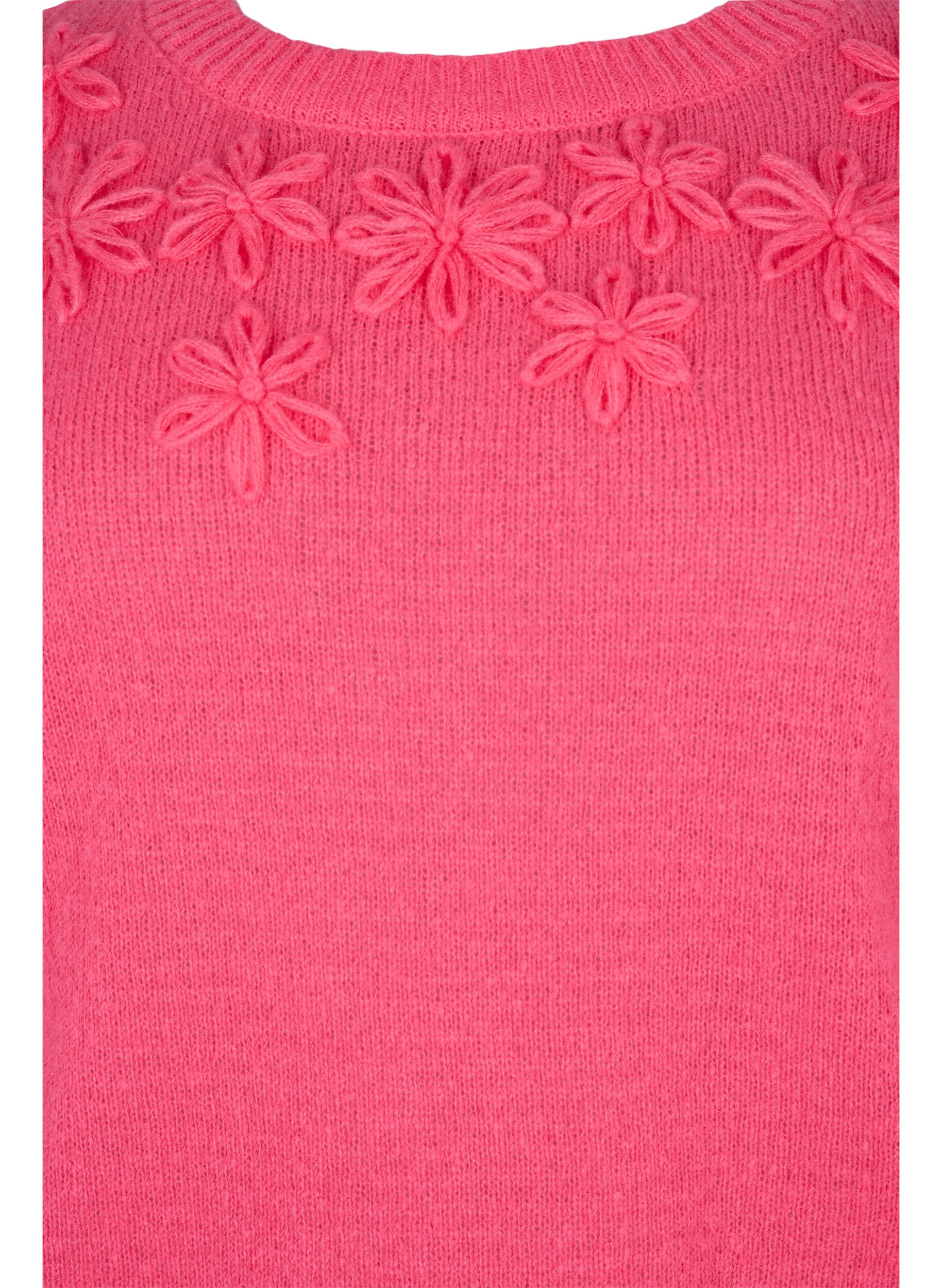 ZizziGebreide trui met bloemendetail, Hot Pink, Packshot image number 2