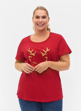 T-shirt de Noël en coton, Tango Red Reindeer, Model image number 0