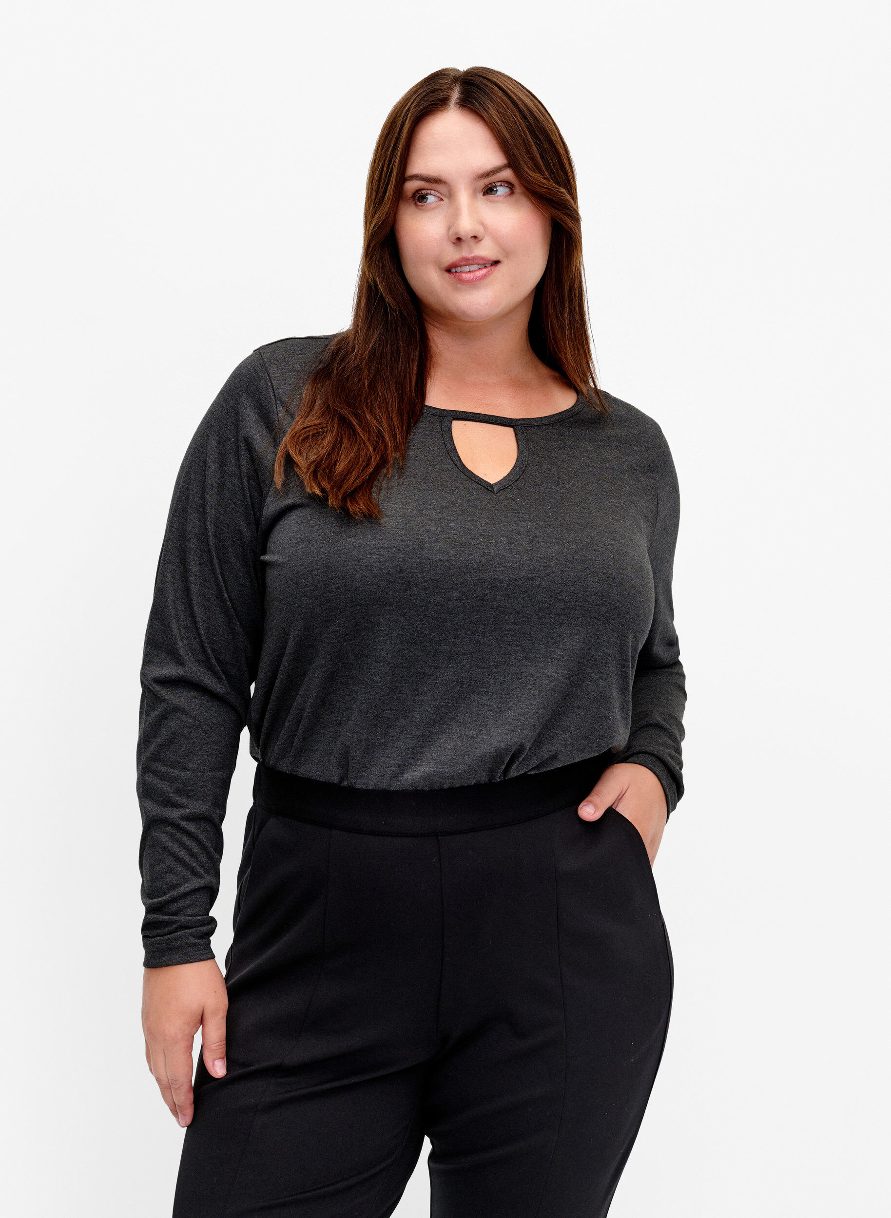 ZizziGem&ecirc;leerde blouse met lange mouwen, Black Mel. , Model image number 0
