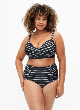Bas de bikini à rayée avec taille haute, Black White Stripe, Model image number 0
