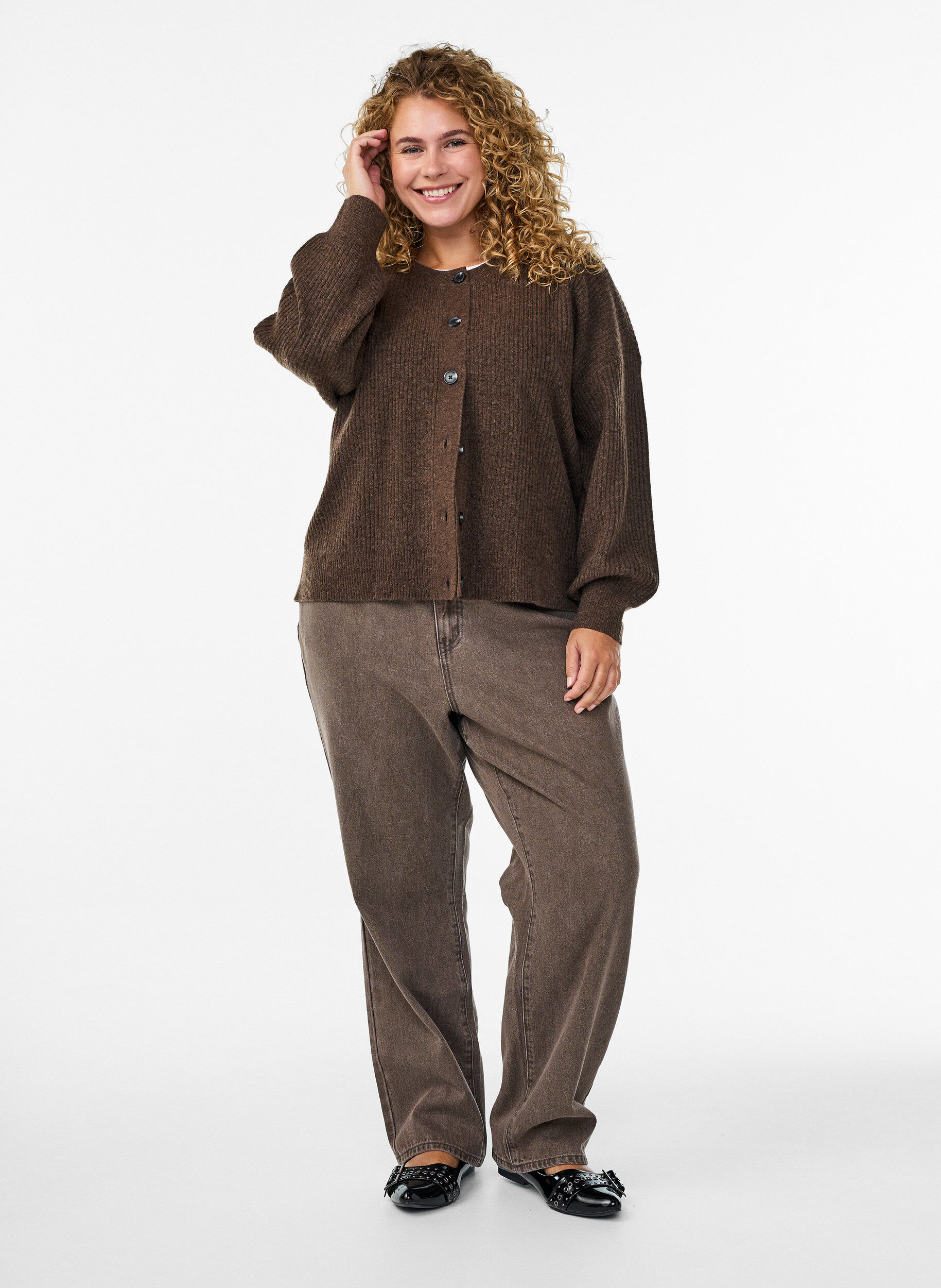 ZizziCardigan en tricot c&ocirc;tel&eacute; avec boutons, Marron, Model image number 1
