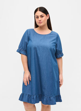 Denim jurk in katoen met korte mouwen, Blue denim, Model image number 0