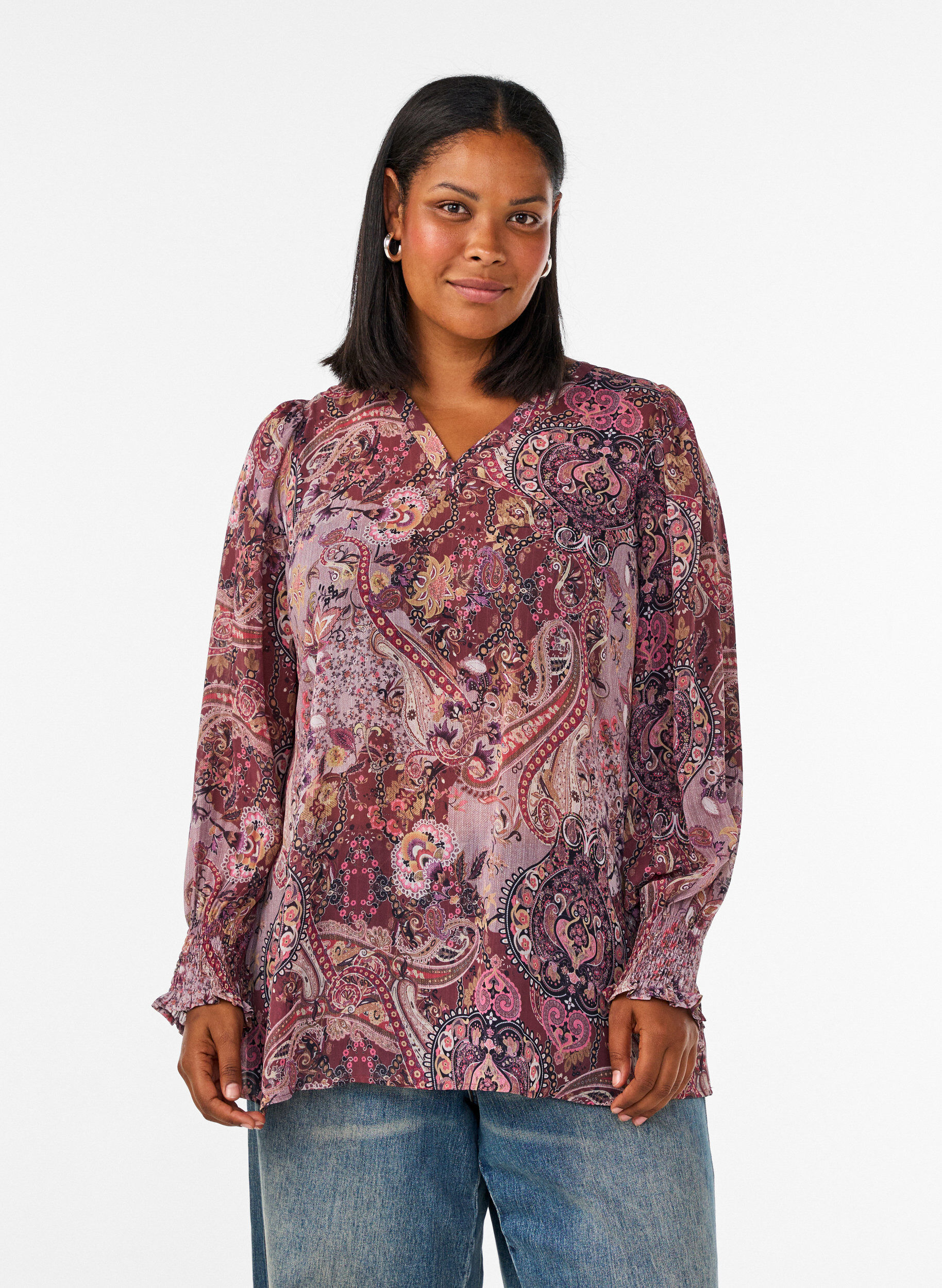 Tunic met paisleyprint en gesmokte manchetten, Roze, Model