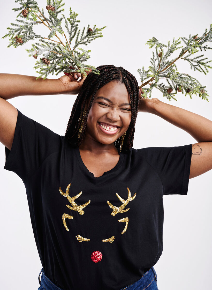 T-shirt de Noël à paillettes, Black W. Reindeer, Image