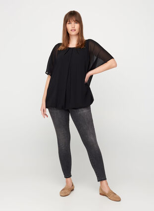 Korte blouse met losse mesh mouwen, Black, Model image number 2