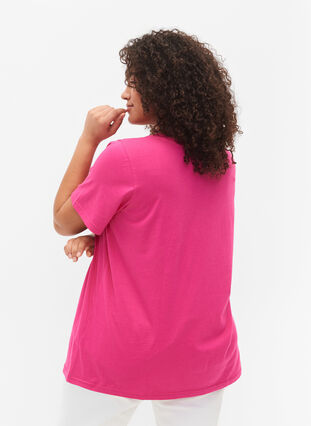 T-shirt en coton avec col en V et imprimé, Fuchsia Purple Love, Model image number 1